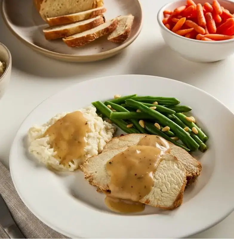 A plated turkey dinner with mashed potatoes, gravy, green beans, and glazed carrots