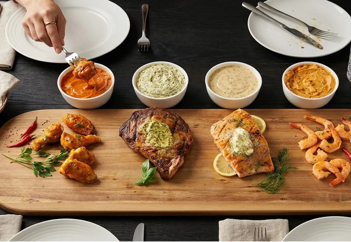 Four custom Butterball Farms butter sauces in white bowls on a wooden board with parmesan, lemon, chili, honey and herbs