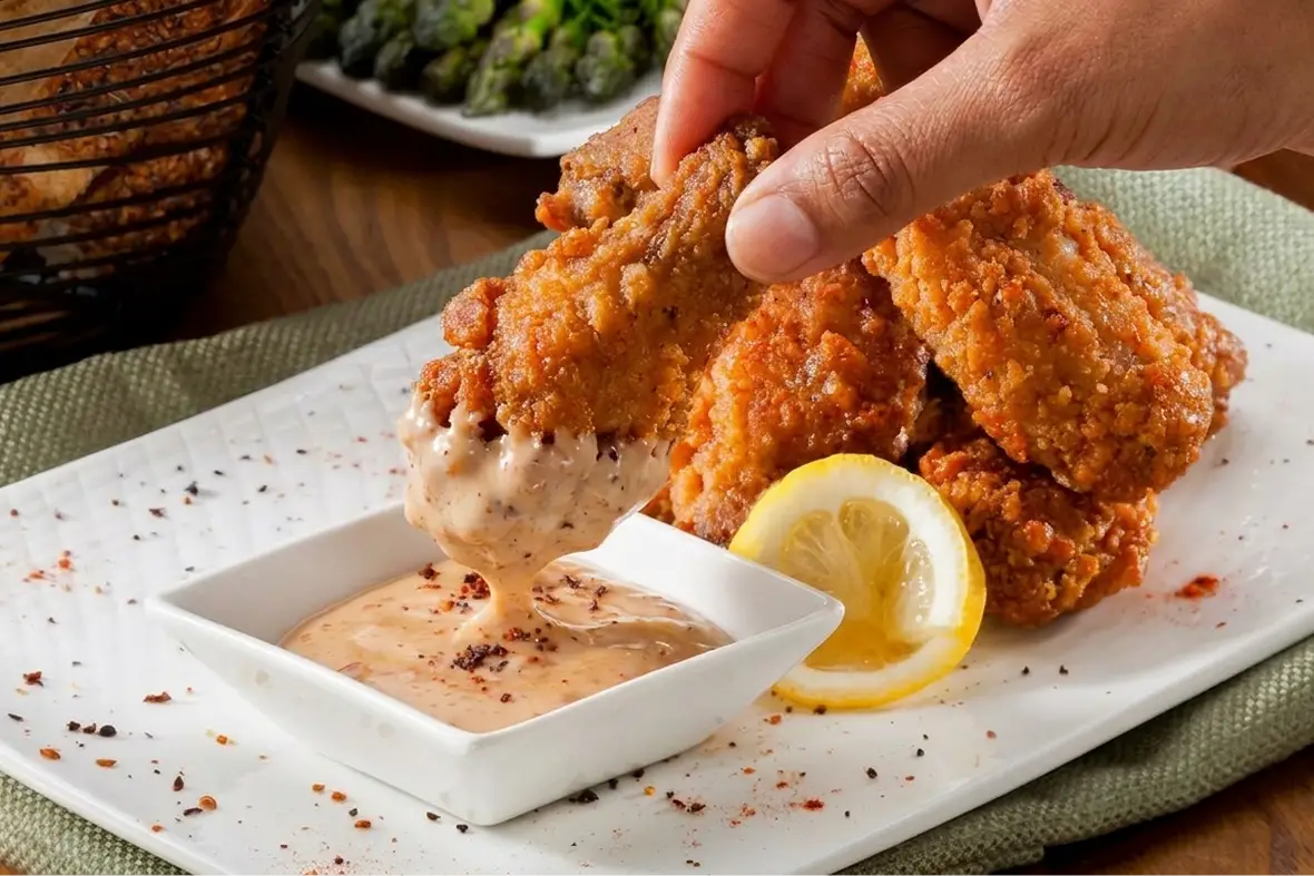 A white dish of creamy butter dipping sauce beside crispy chicken wings