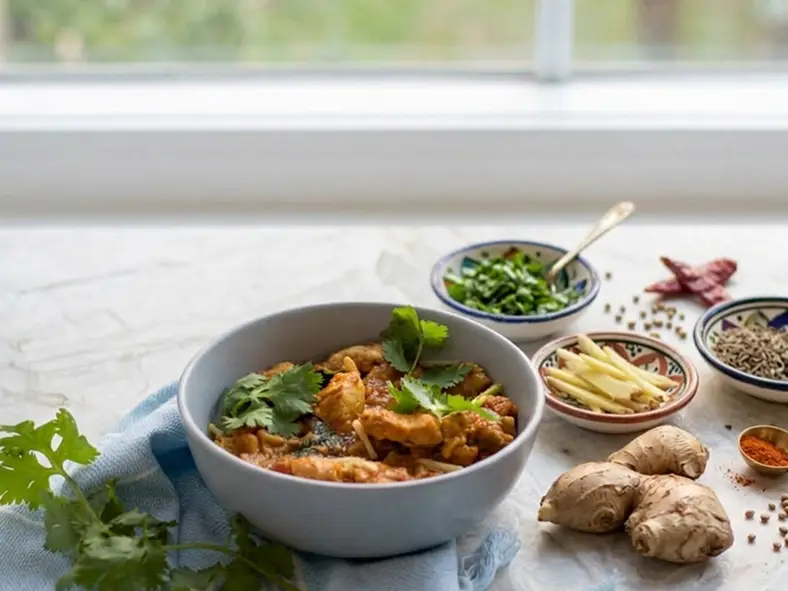 Wooden spoons of turmeric and chili spices with fresh roots and red chilies