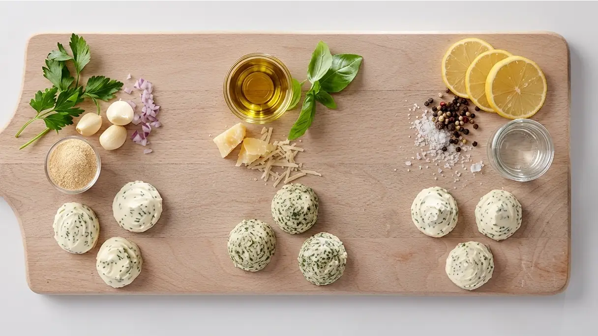 A platter of compound butter dollops in plain, herb, sun-dried tomato and chive varieties