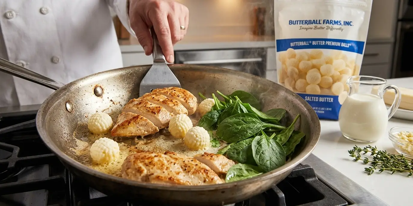 Chef searing chicken with Butterball Premium Balls melting in the pan
