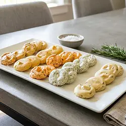 A tray of shaped and flavored butter portions plated for service