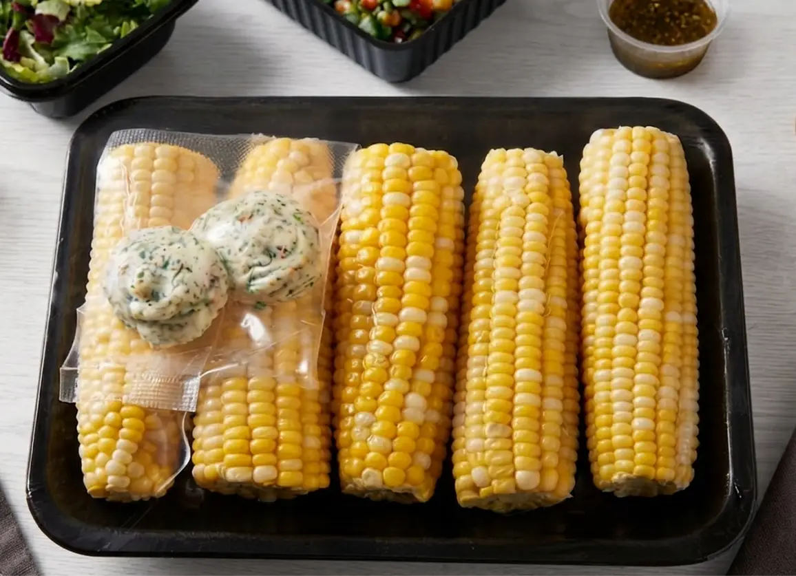 A salmon fillet in a meal-kit tray topped with two herb butter medallions, lemon slices, and parsley