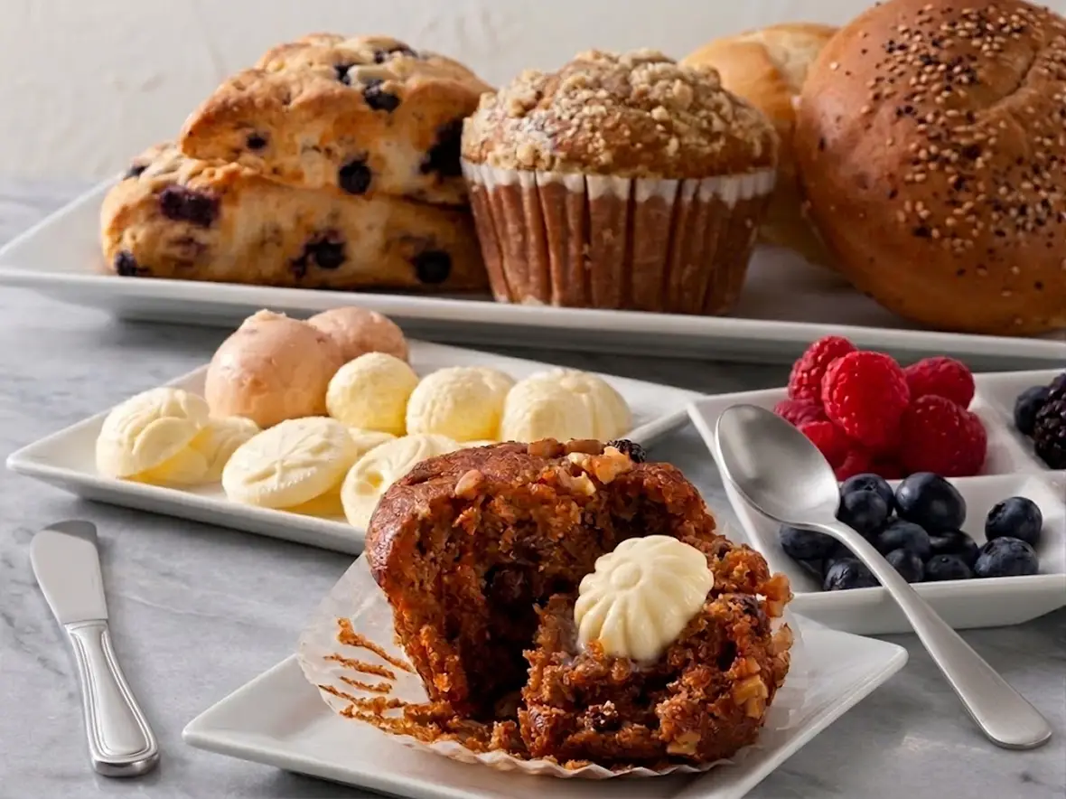 A bakery spread of muffins, scones, and rolls served with Butterball Farms shaped butter pats and fresh berries
