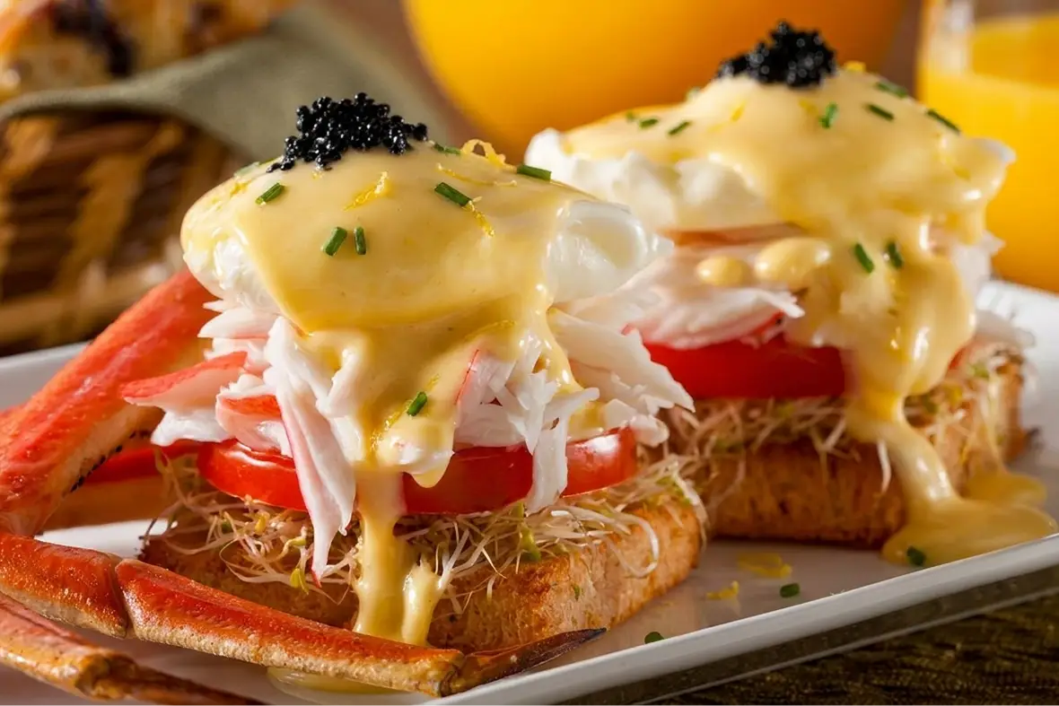 Fresh, frozen or refrigerated — never shelf-stable — crab eggs benedict draped in hollandaise sauce
