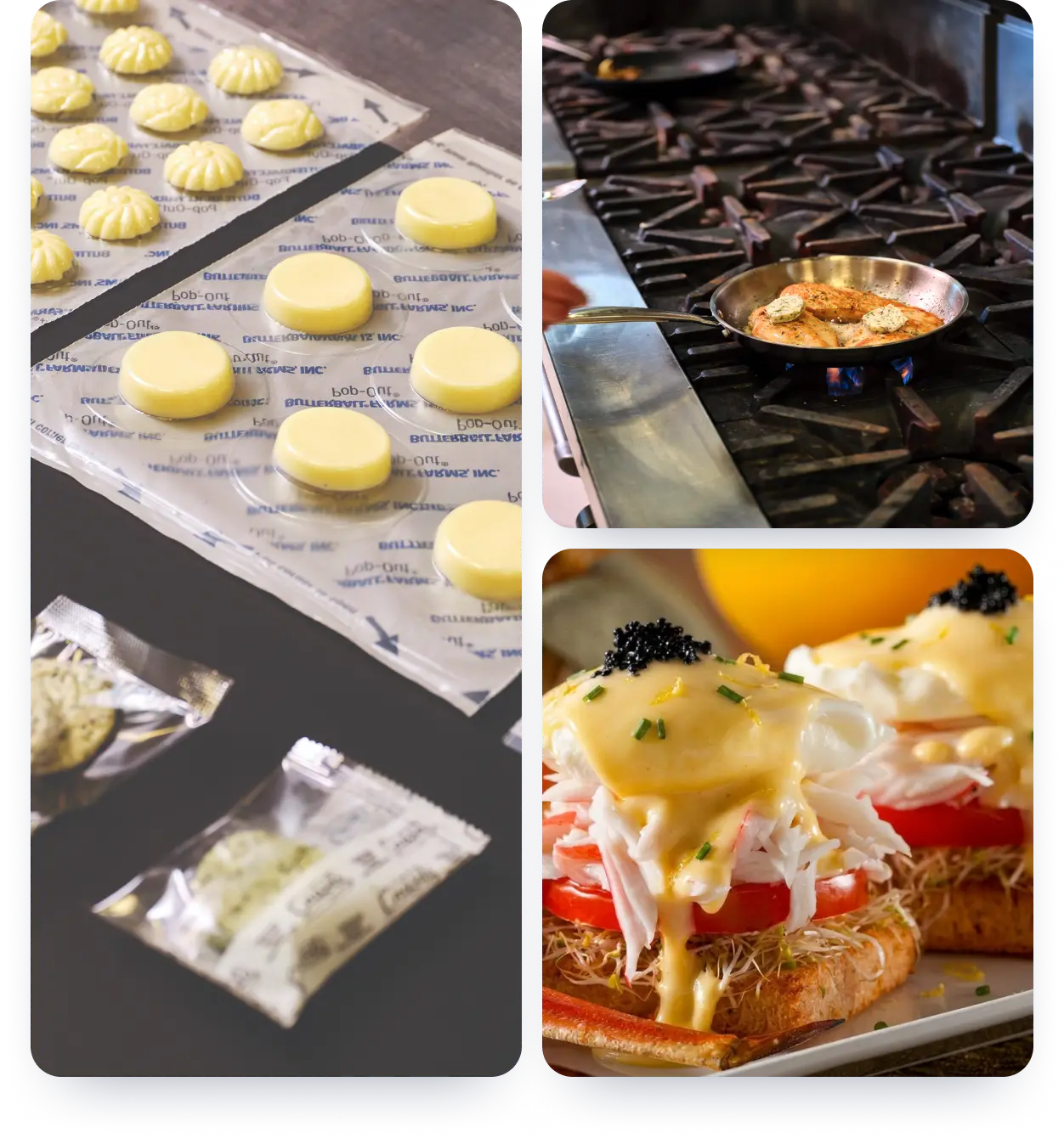 A breakfast spread of waffles, syrup, berries, flavored butter, and Butterball Farms butter balls