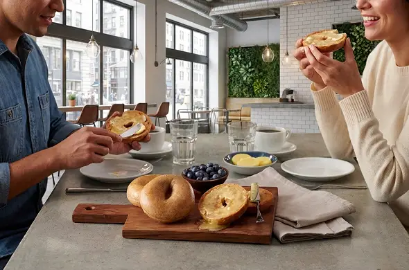 A higher smoke point for high-heat cooking — toasted bagels with melting clarified butter on a board beside blueberries