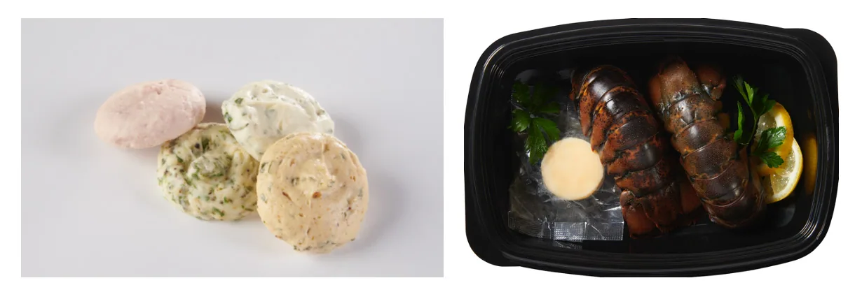 Assorted butter dollops beside a tray of lobster tails with a dollop