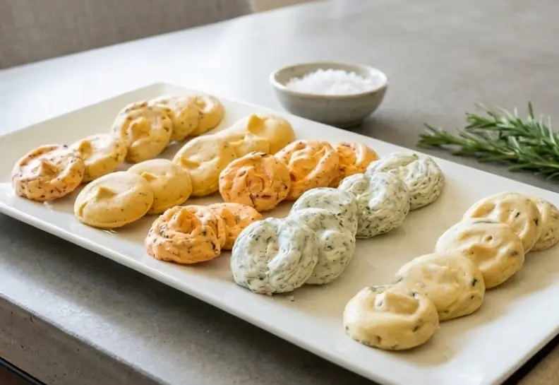 Embossed shaped butter portions on a plate