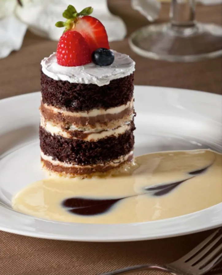 Chocolate layer cake with berries and cream sauce on a white plate