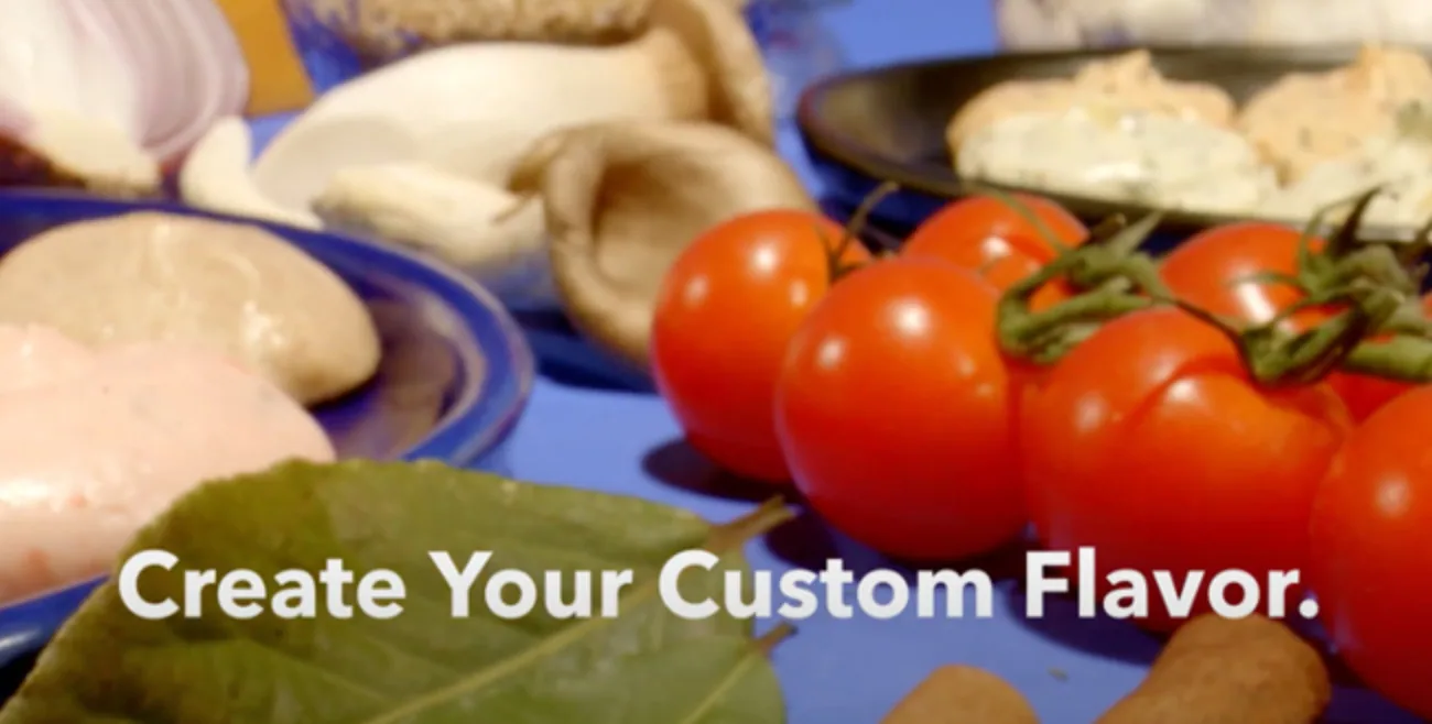 Tomatoes and mushrooms with text reading Create Your Custom Flavor
