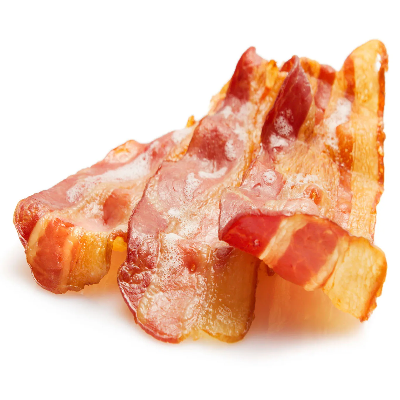 Crispy cooked bacon strips on a white background