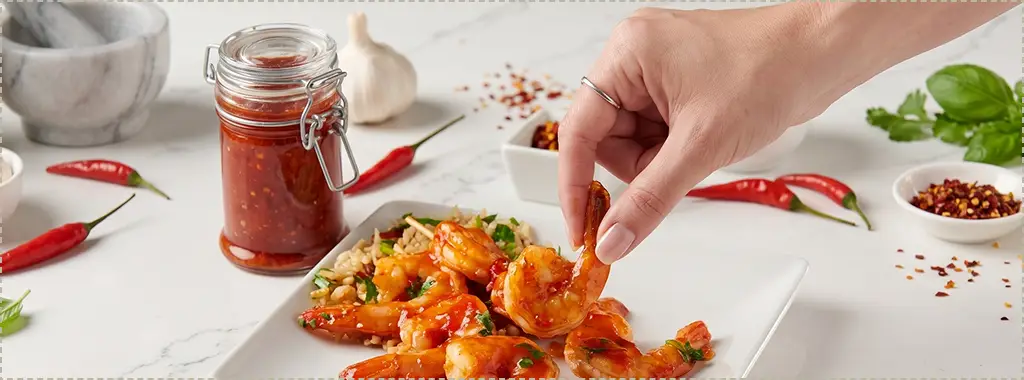 Hand picking up a saucy shrimp from a plate on a marble counter