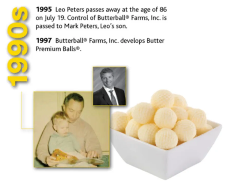 1990s Butterball Farms timeline with Leo and Mark Peters photos and butter balls