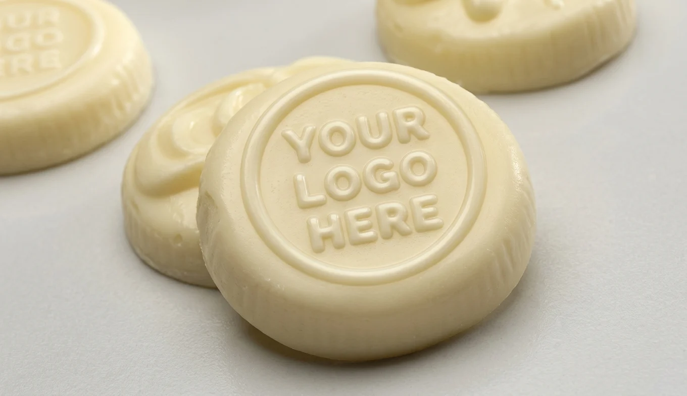 Private label butter medallion embossed Your Logo Here in close-up on a grey surface