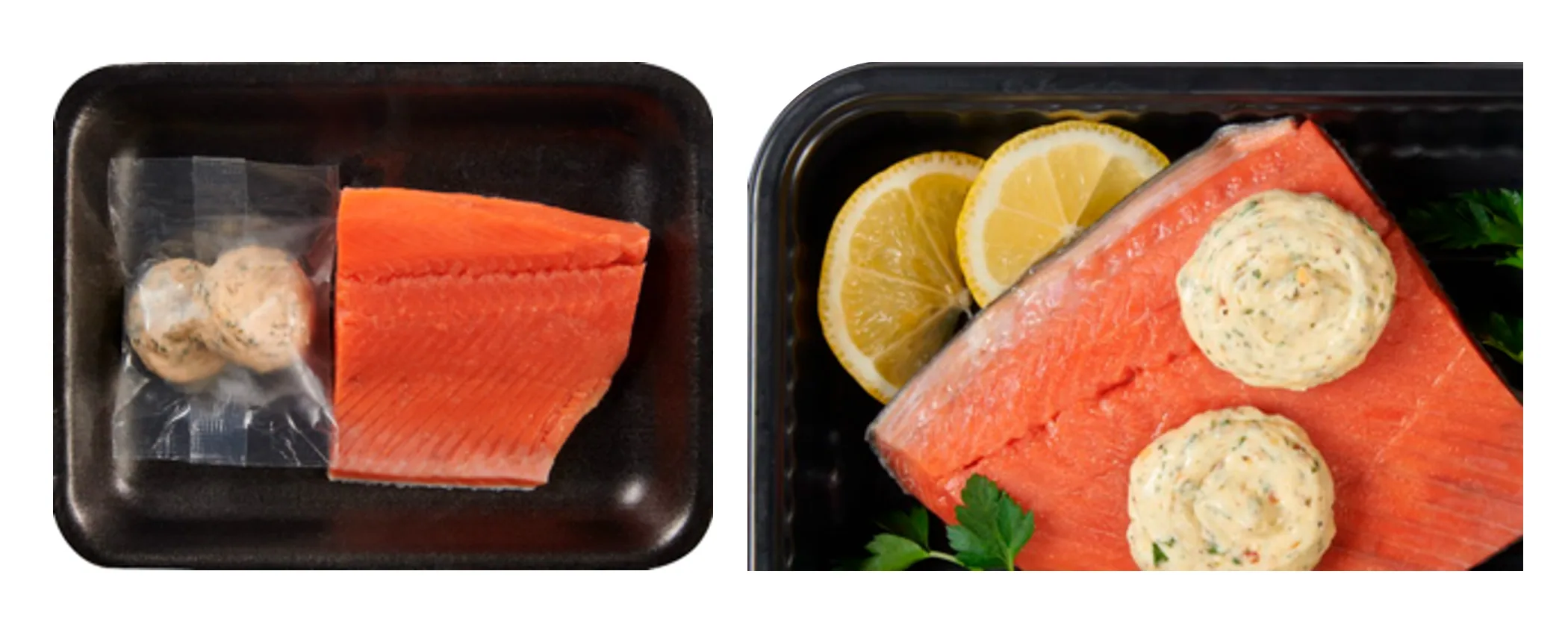 Raw and cooked salmon fillets with Butterball Farms butter dollops side by side