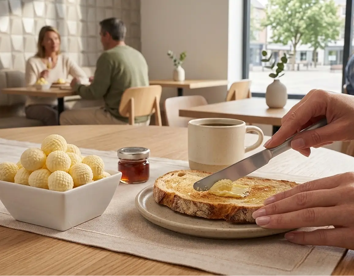 A restaurant table set with buttered toast and a bowl of Butterball® butter balls