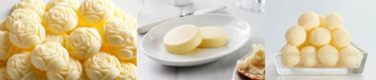 Three shaped butter styles: rose pile, medallions and textured balls