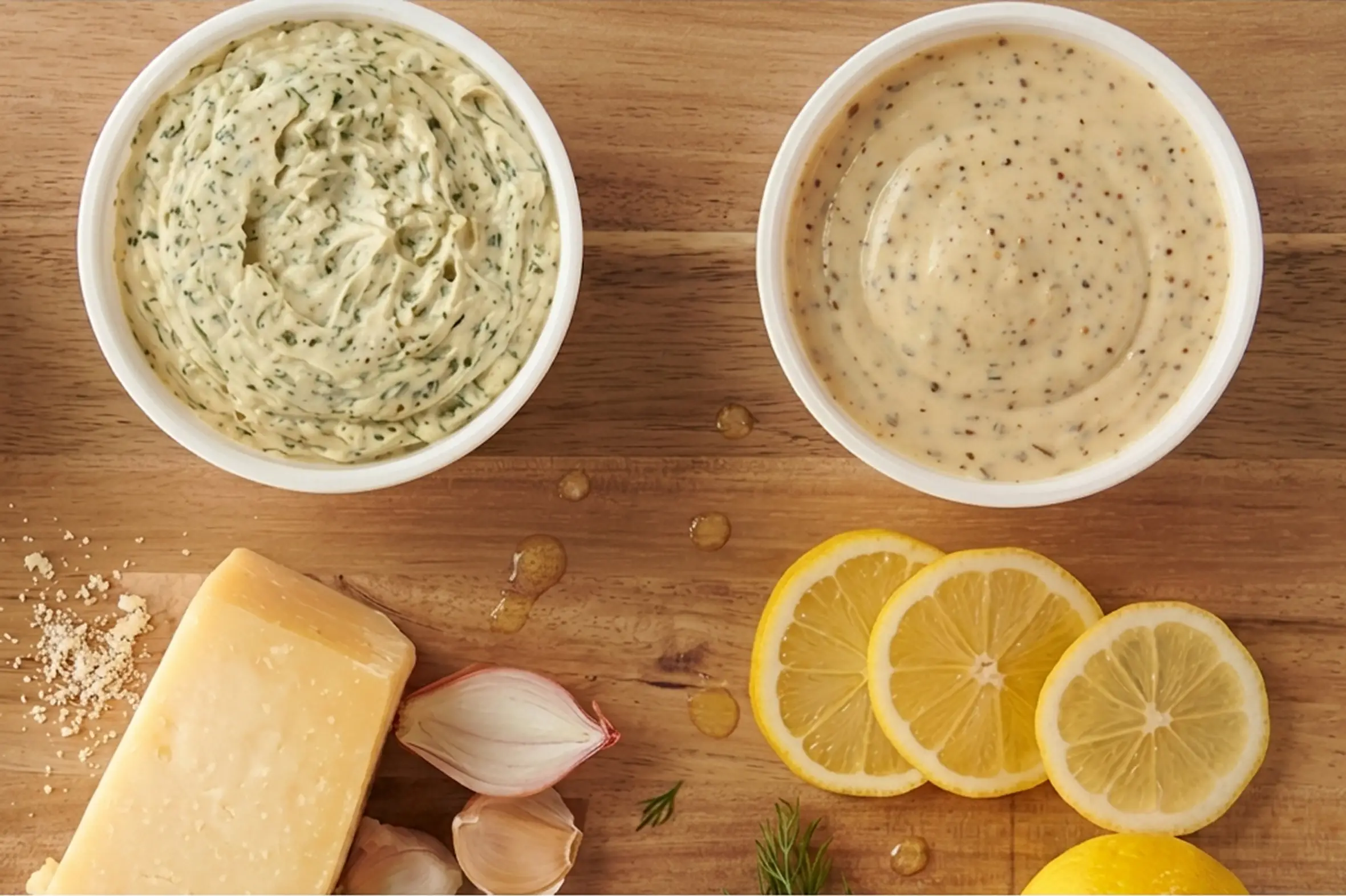 Flavor consistency, tub after tub — two tubs of compound butter beside parmesan, shallots, garlic, lemon and dill