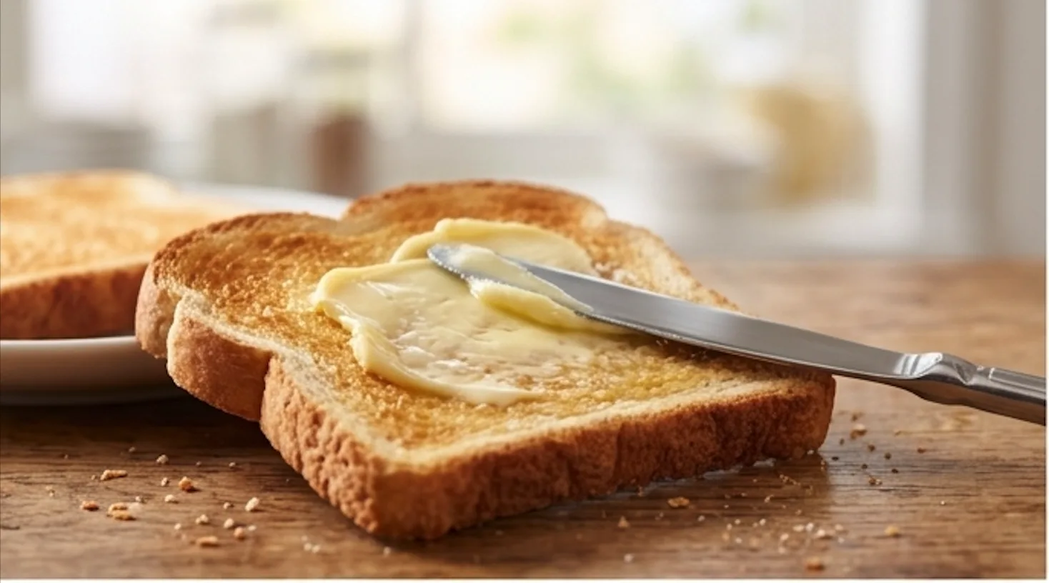 Butter tallow spread across a slice of toast with a knife
