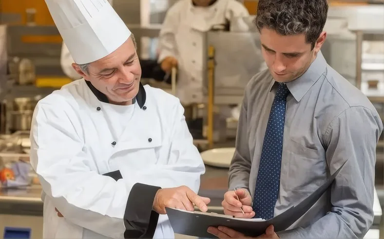 Chef and account manager reviewing specifications on a clipboard