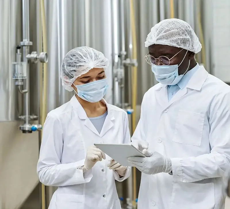 Butterball Farms R and D team reviewing a formulation on a tablet